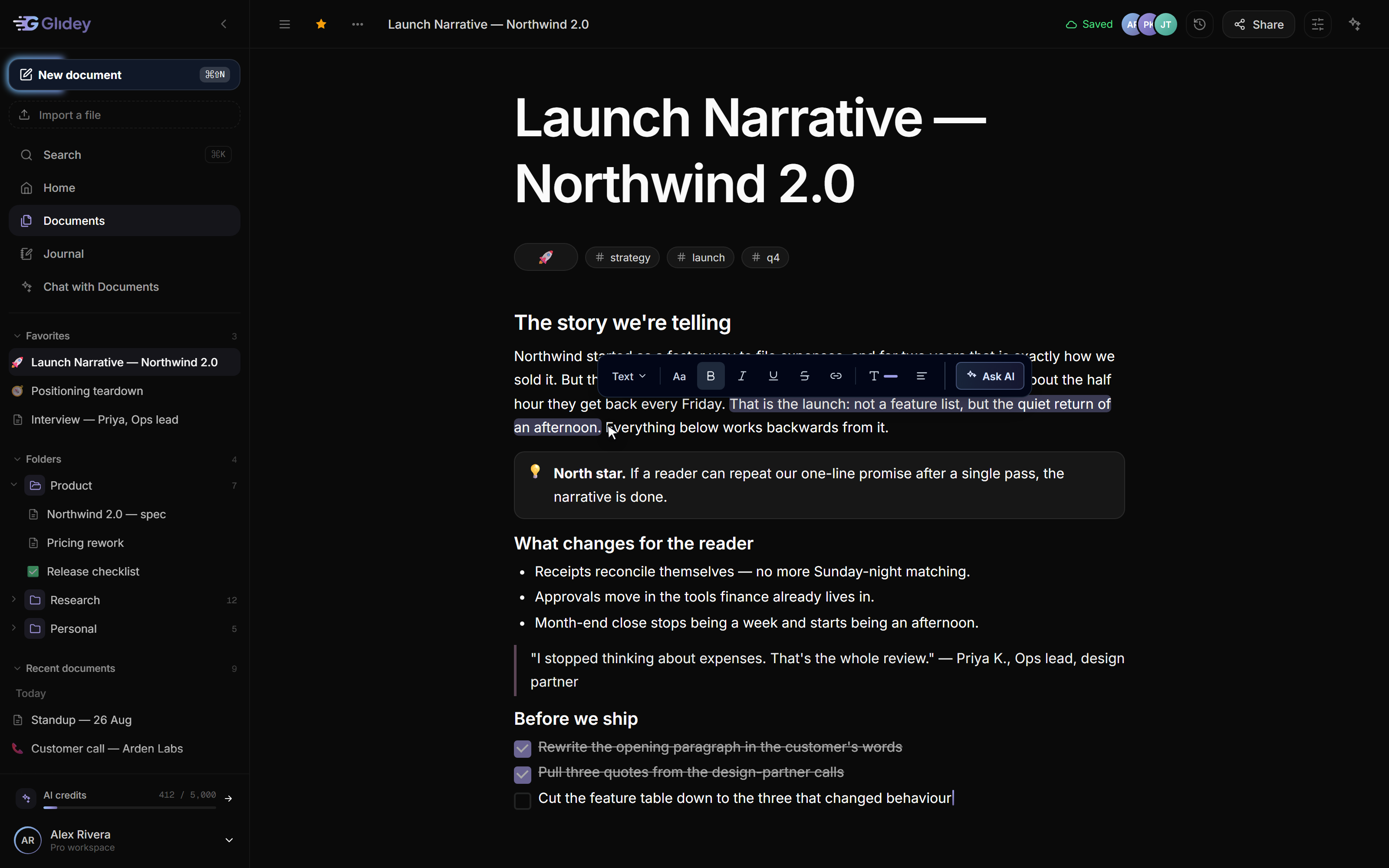 Glidey editor with document navigation, writing controls, and a focused blank document